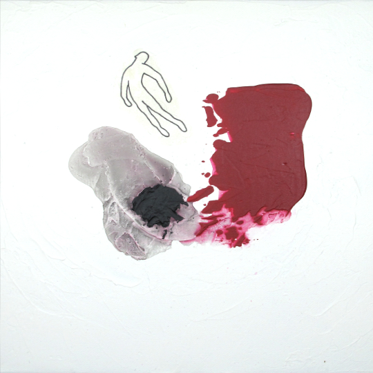 Silhouette sortant d'une masse rouge et noir sur fond blanc